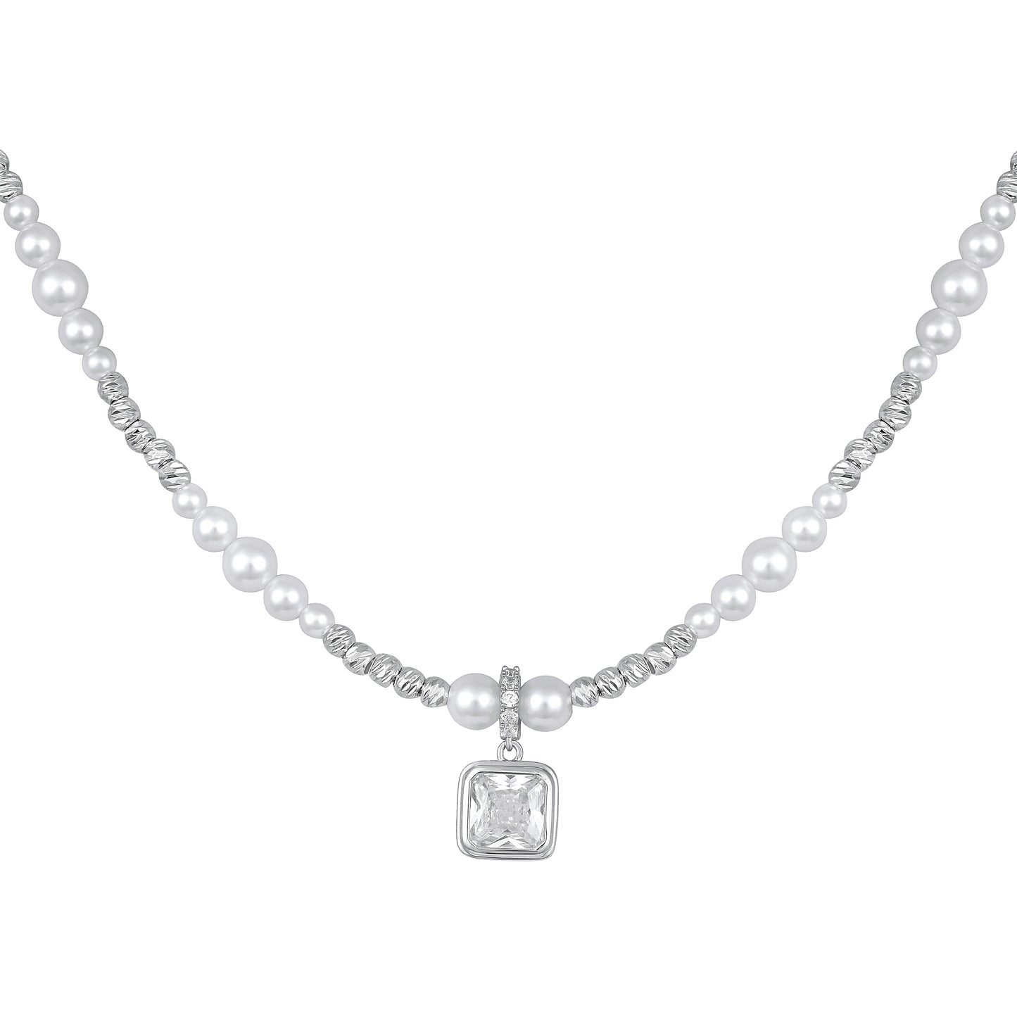 Square Zircon Pendant with Pearl Bead Silver Plated Pendant Chain