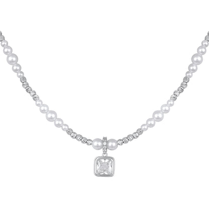 Square Zircon Pendant with Pearl Bead Silver Plated Pendant Chain
