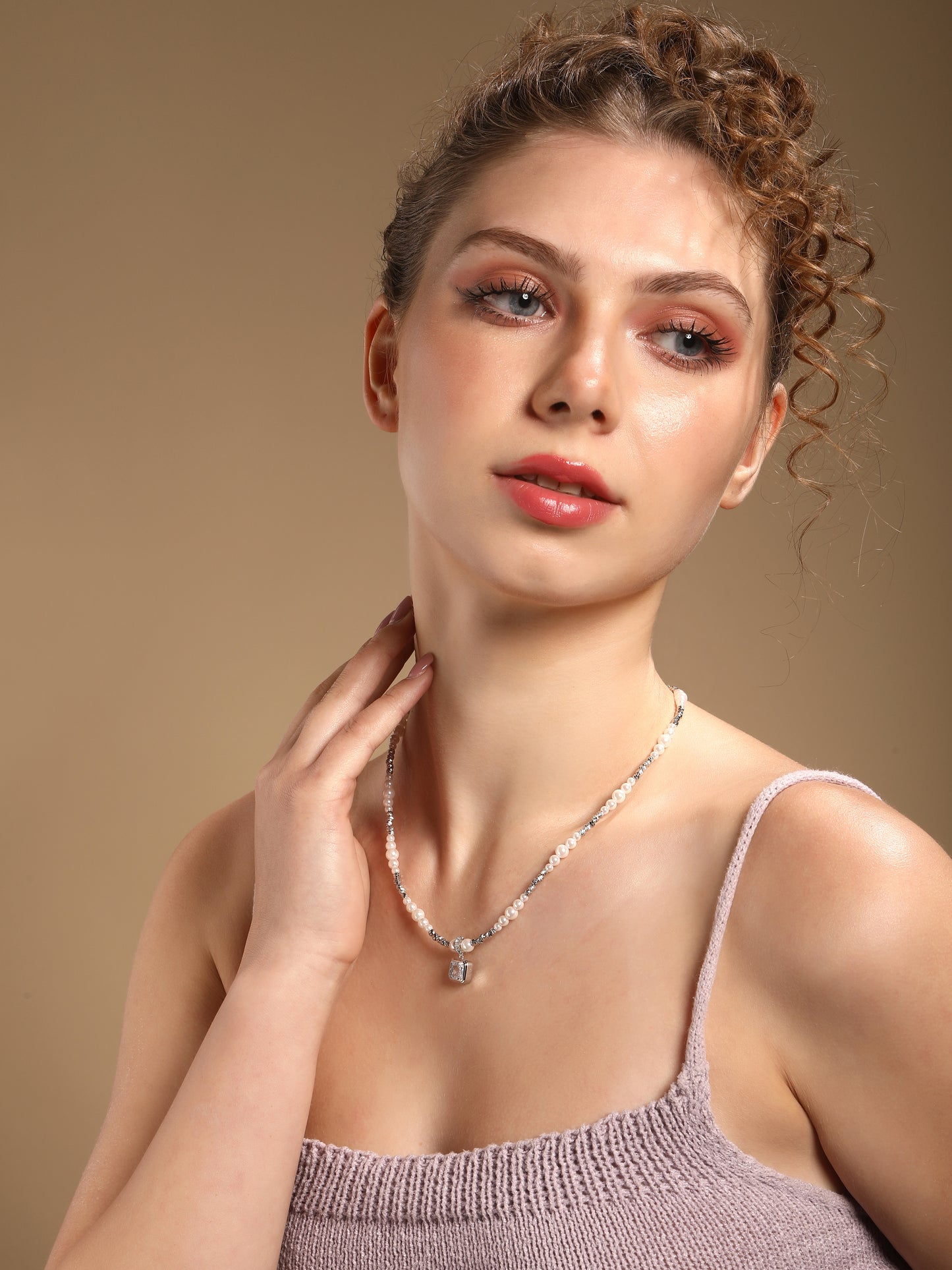 Square Zircon Pendant with Pearl Bead Silver Plated Pendant Chain