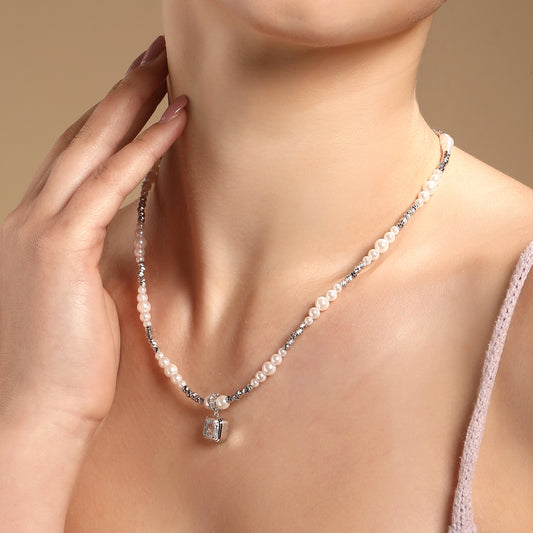 Square Zircon Pendant with Pearl Bead Silver Plated Pendant Chain