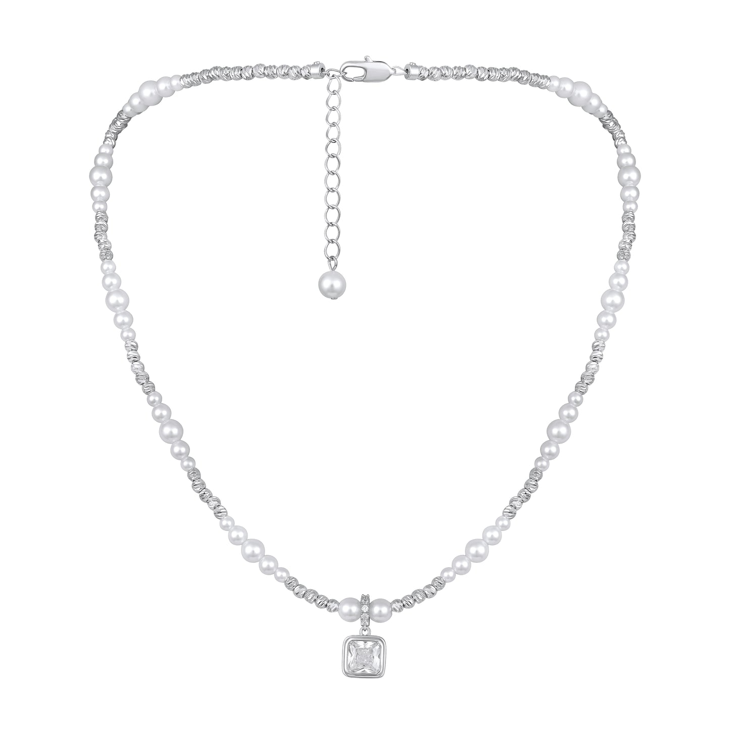 Square Zircon Pendant with Pearl Bead Silver Plated Pendant Chain