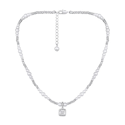 Square Zircon Pendant with Pearl Bead Silver Plated Pendant Chain