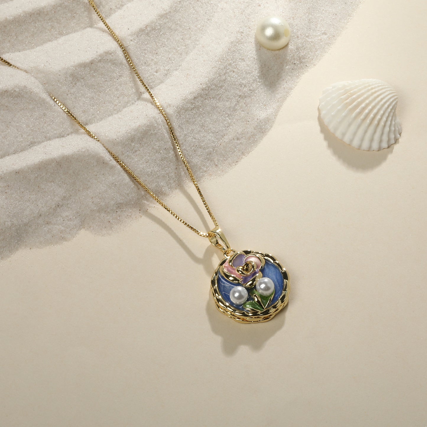 Flower Charm White Pearl 18KT Gold Plated Pendant Chain