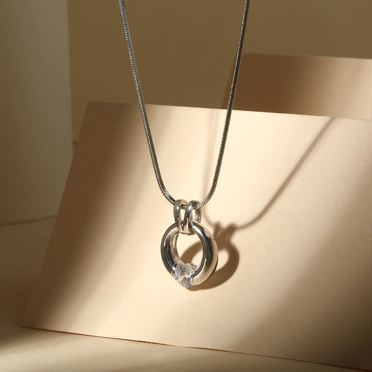 Round Loop Shape Silver Plated Zircon Pendant Chain