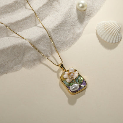 Square Shaped Flower Leaf Glow Pearl 18KT Gold Plated Pendant Chain
