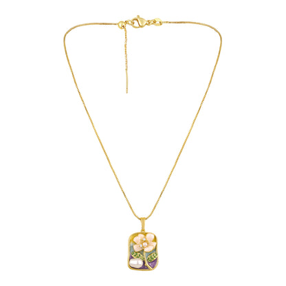 Square Shaped Flower Leaf Glow Pearl 18KT Gold Plated Pendant Chain