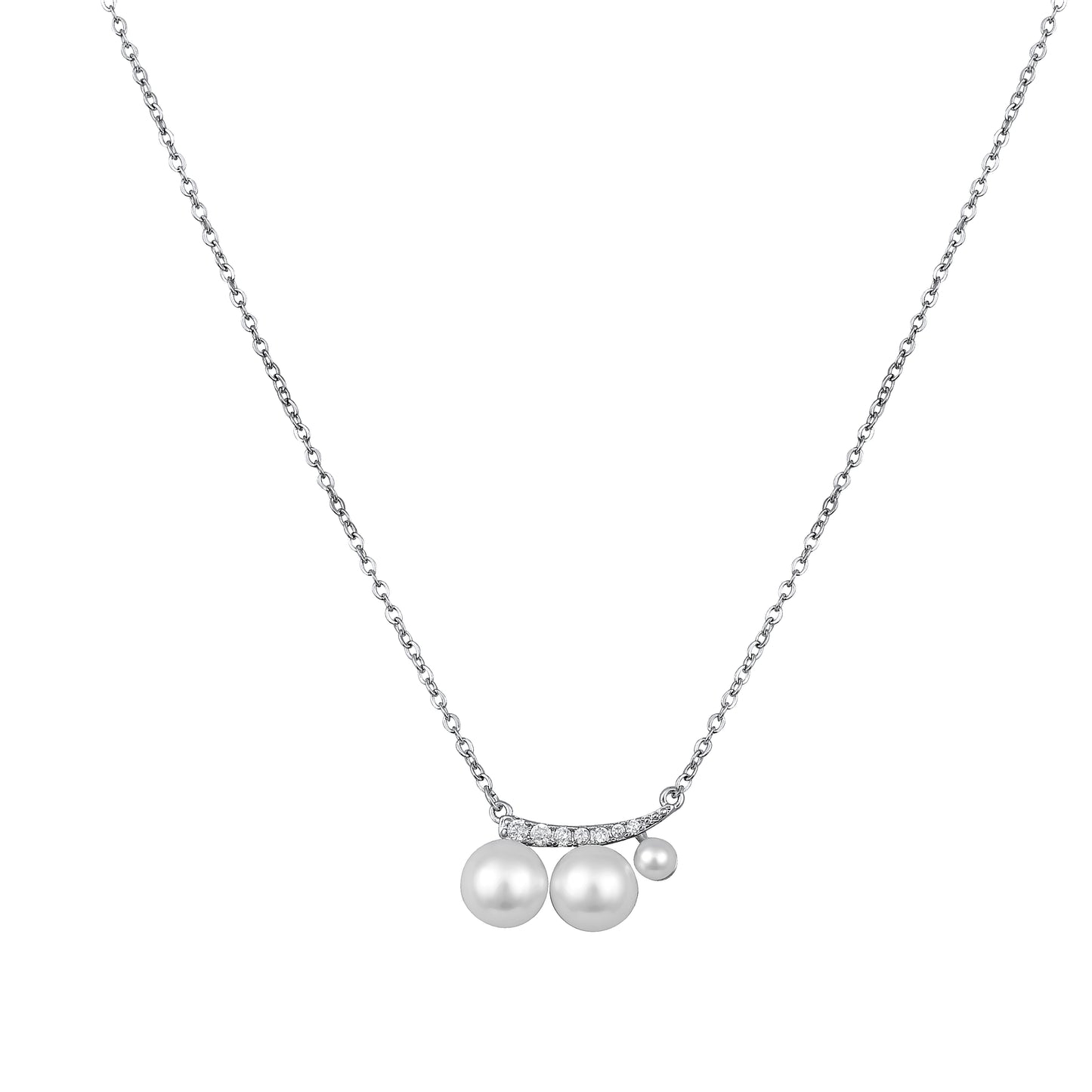 Western Elegant Twin Pearl Silver Plated Zircon Pendant Chain