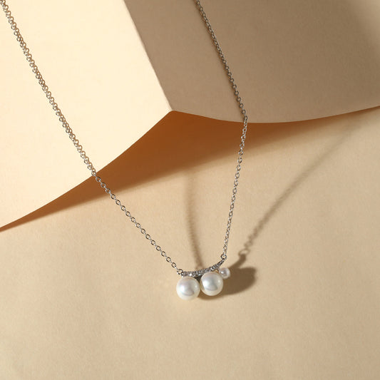 Western Elegant Twin Pearl Silver Plated Zircon Pendant Chain