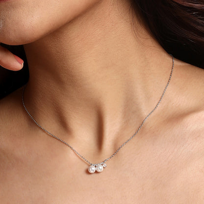Western Elegant Twin Pearl Silver Plated Zircon Pendant Chain