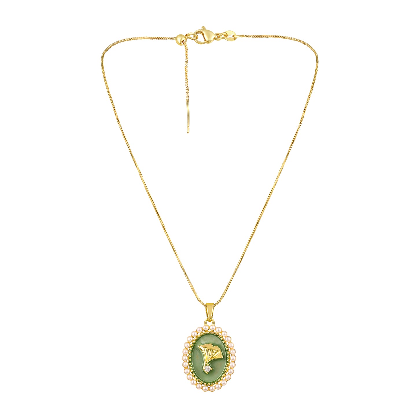 Oval Shape Pearl Frame 18KT Gold Plated Pendant Chain