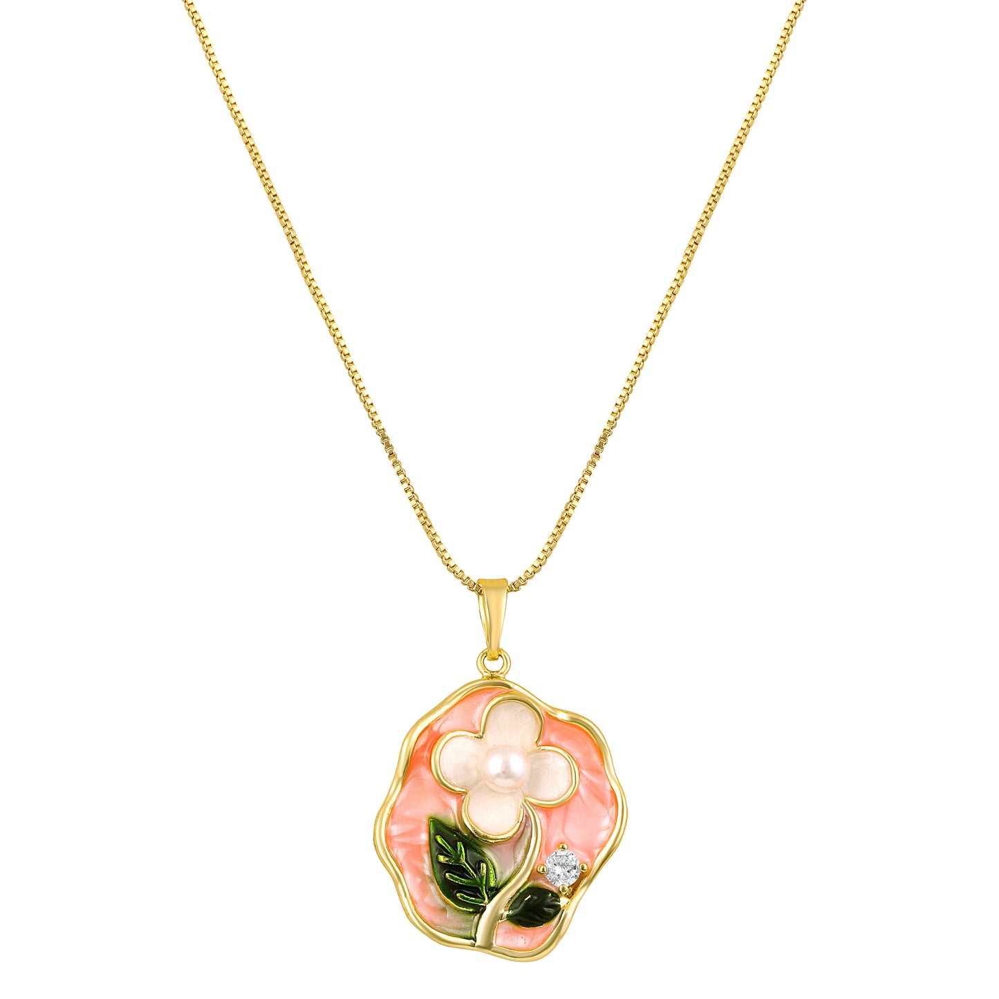 Leaf and Flower Petal Pearl 18KT Gold Plated Pendant Chain