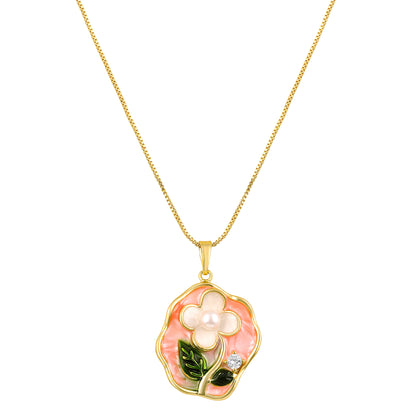Leaf and Flower Petal Pearl 18KT Gold Plated Pendant Chain
