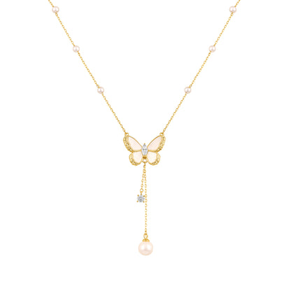 Butterfly Shine Pearl 18KT Gold Plated Zircon Pendant Chain