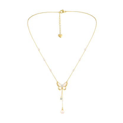 Butterfly Shine Pearl 18KT Gold Plated Zircon Pendant Chain