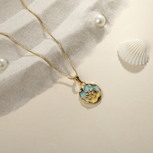 Blue Bloom Floral 18KT Gold Plated Pendant Chain