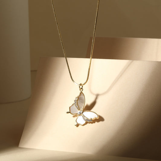 White Wings Butterfly Design 18KT Gold Plated Zircon Pendant Chain