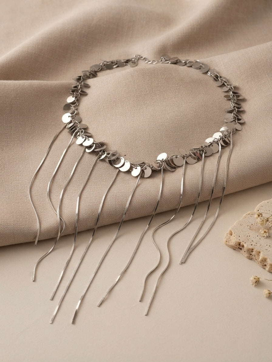 Glam Silver Sequin Tassel Choker Like Necklace Chain