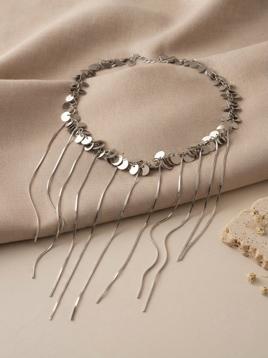 Glam Silver Sequin Tassel Choker Like Necklace Chain