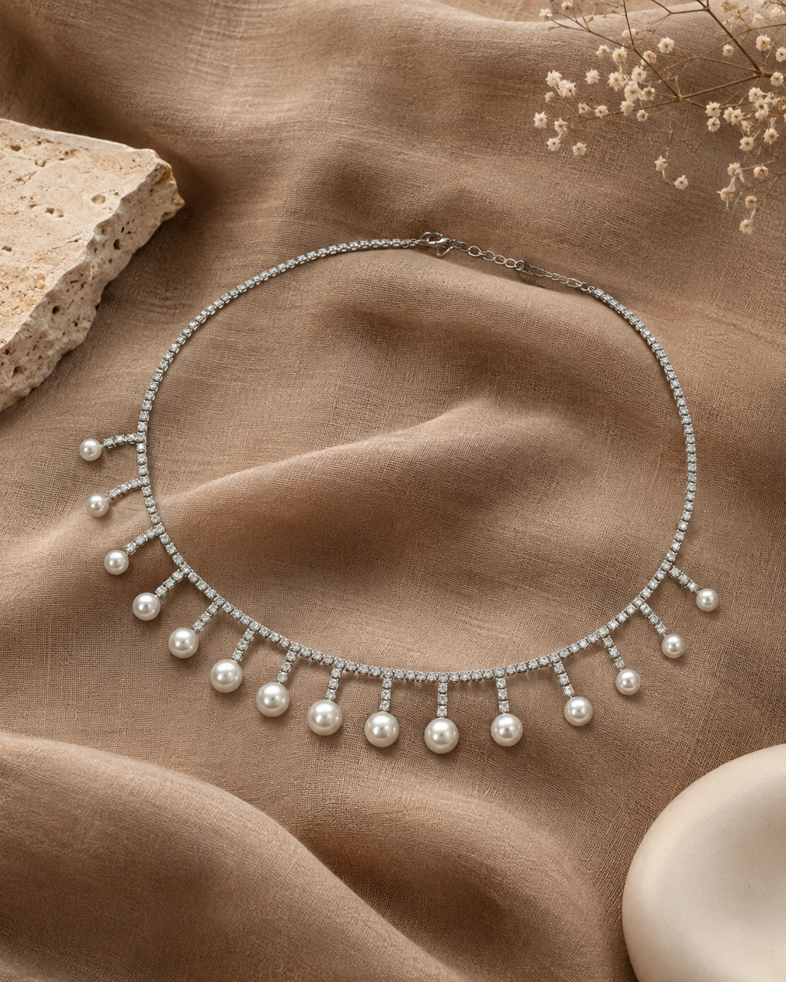 Elegant Zircon Pearl Drop Silver Pendant Necklace Chain