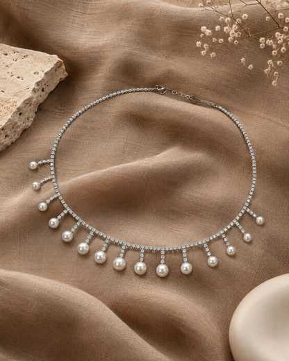 Elegant Zircon Pearl Drop Silver Pendant Necklace Chain