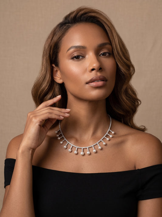 Elegant Zircon Pearl Drop Silver Pendant Necklace Chain