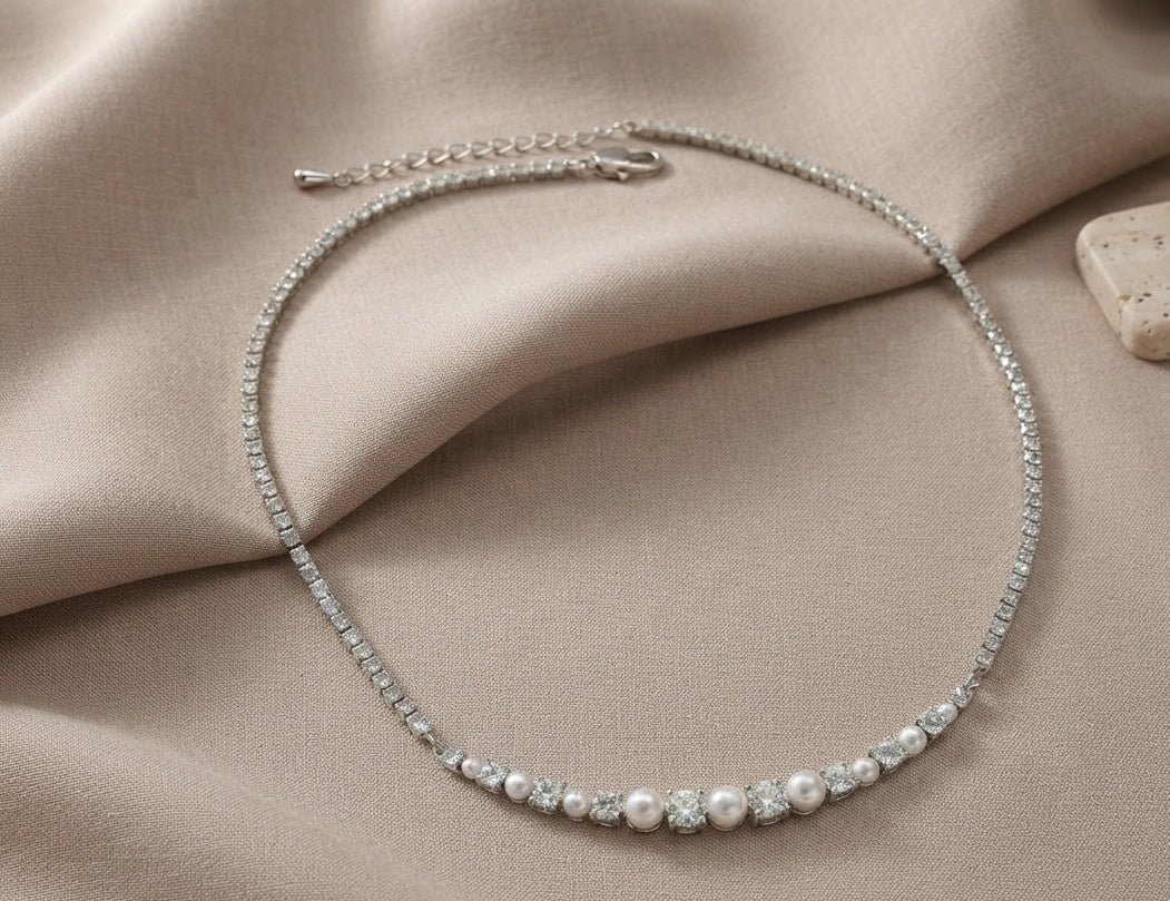 Graceful Pearl Zircon Tennis Necklace Chain