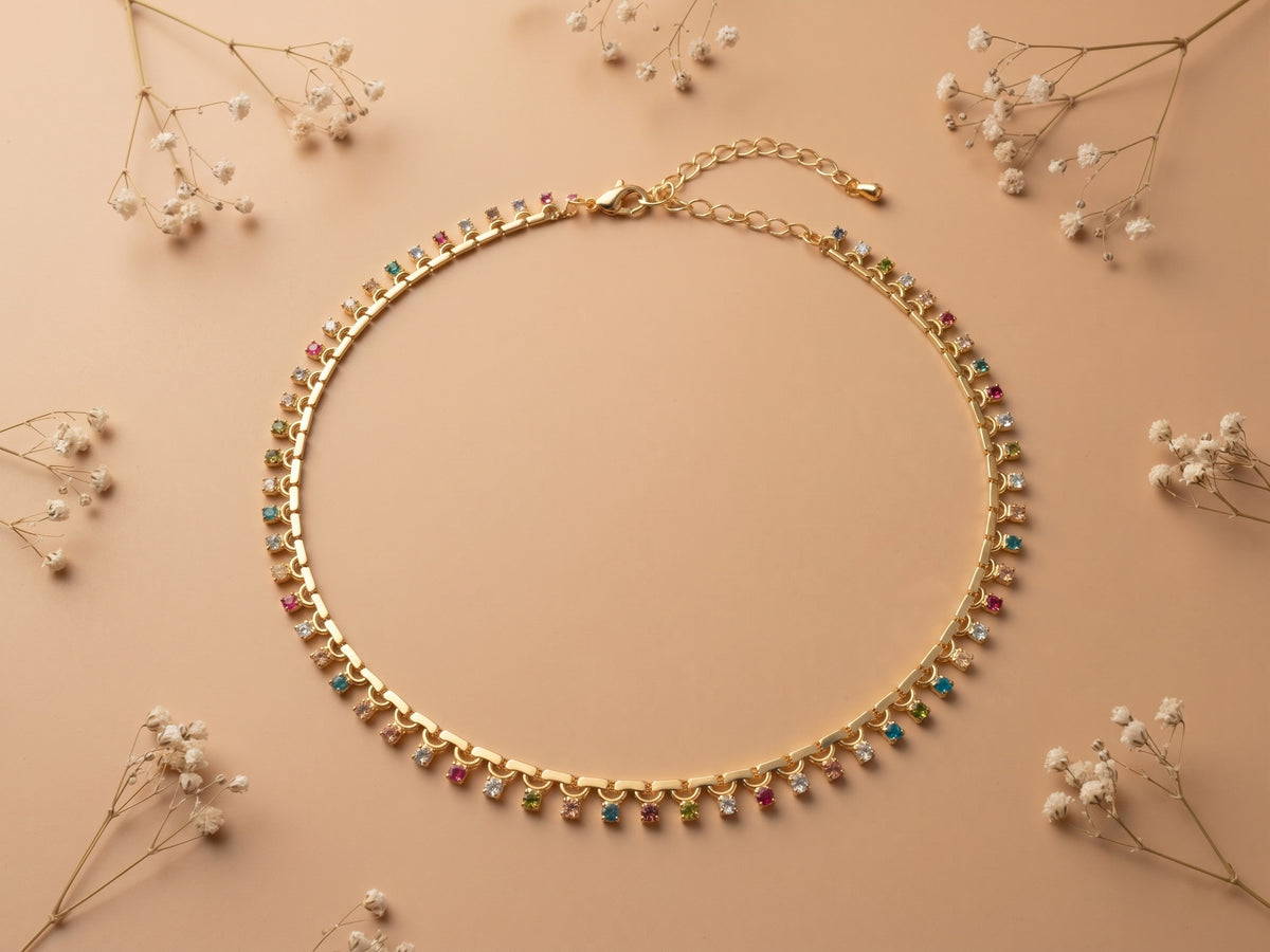 Vibrant Colourful Zircon Gem 18kt Gold Plated Necklace Chain
