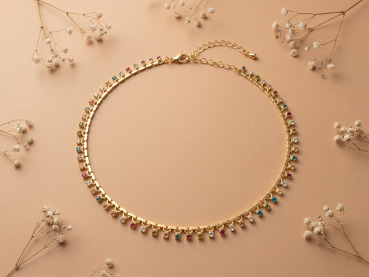 Vibrant Colourful Zircon Gem 18kt Gold Plated Necklace Chain
