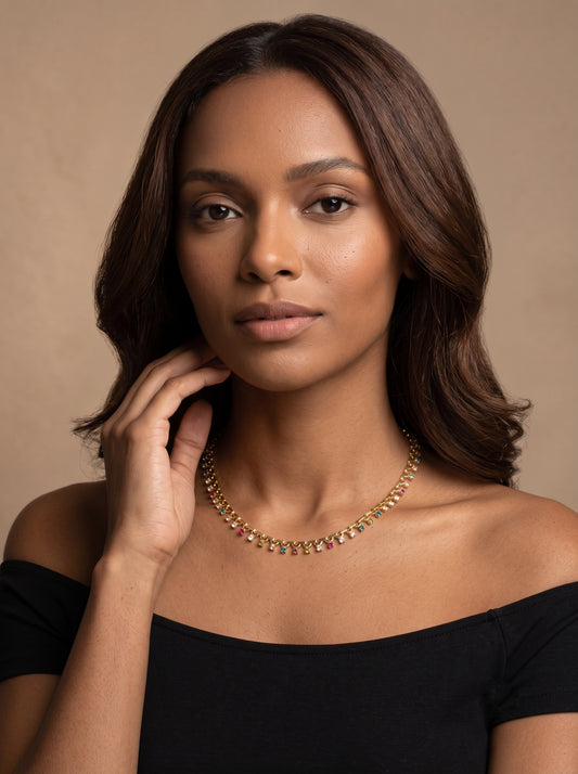 Vibrant Colourful Zircon Gem 18kt Gold Plated Necklace Chain