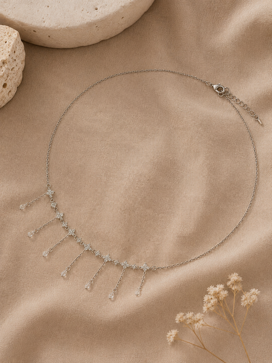 Sparkling Zircon Floral Fringe Pendant Necklace Chain