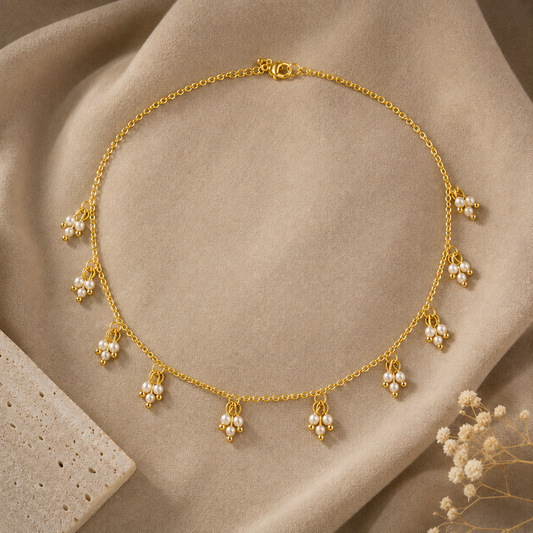 White Dangling Pearl Cluster 18kt Gold Plated Necklace Chain