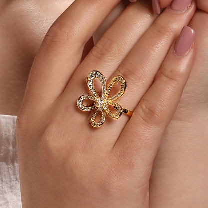 Flower Shape 18kt Gold Plated Adjustable Finger Ring