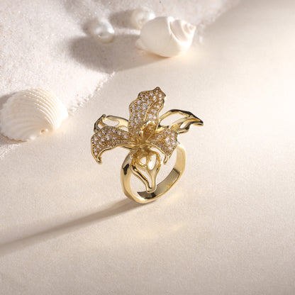 Leaf Flower Shape 18kt Gold Plated Adjustable Zircon Finger Ring