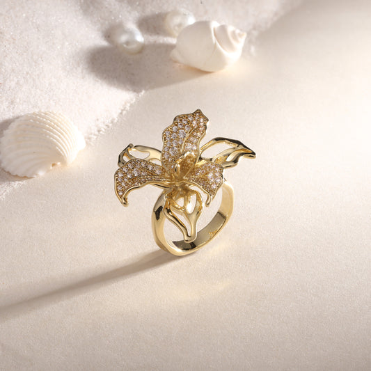Leaf Flower Shape 18kt Gold Plated Adjustable Zircon Finger Ring