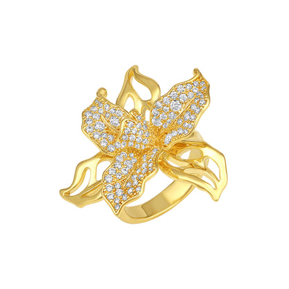 Leaf Flower Shape 18kt Gold Plated Adjustable Zircon Finger Ring