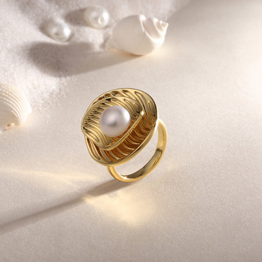 Oval Shape 18kt Gold Plated Adjustable Pearl Finger Ring
