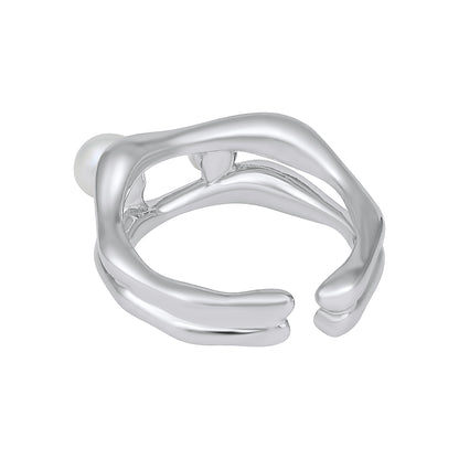 Irregular Double Pearl Silver Plated Adjustable Finger Ring