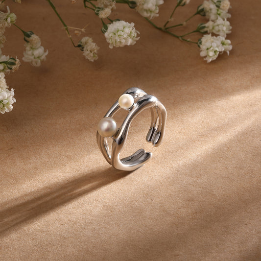 Irregular Double Pearl Silver Plated Adjustable Finger Ring
