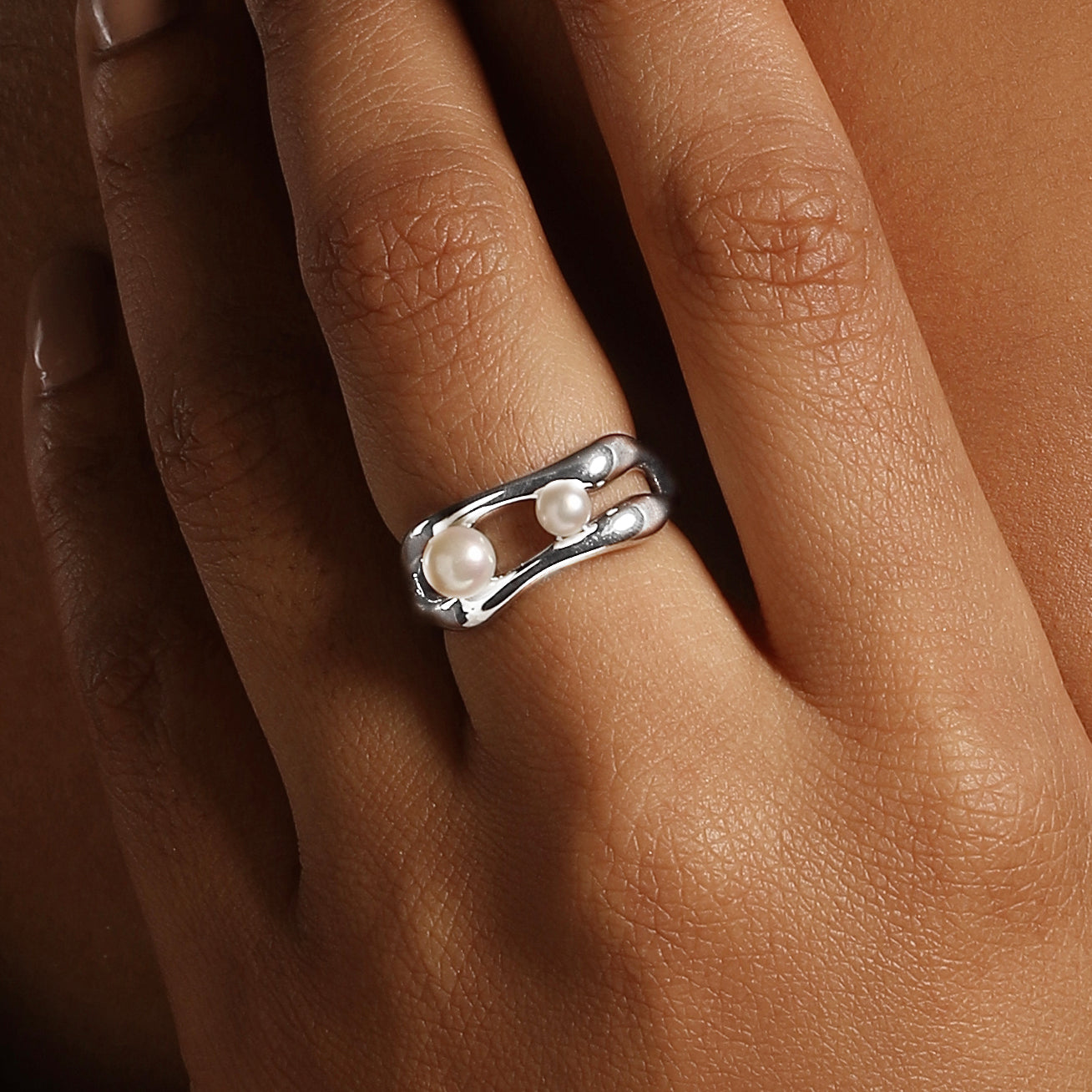 Irregular Double Pearl Silver Plated Adjustable Finger Ring