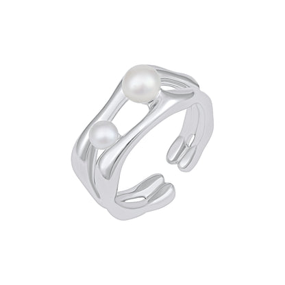 Irregular Double Pearl Silver Plated Adjustable Finger Ring