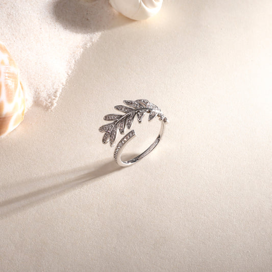 Floral Leaf Nature Silver Plated Adjustable American Diamond Finger Ring