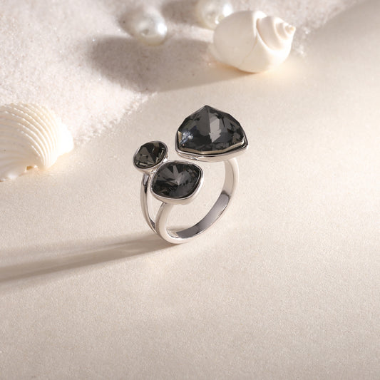 Black Sparkly Crystal Silver Plated Adjustable Finger Ring