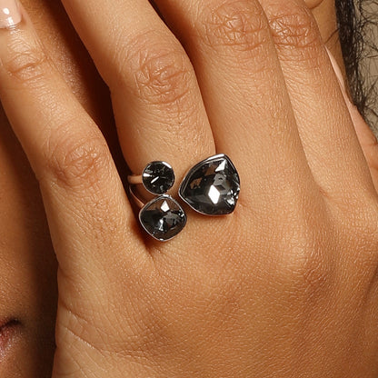 Black Sparkly Crystal Silver Plated Adjustable Finger Ring
