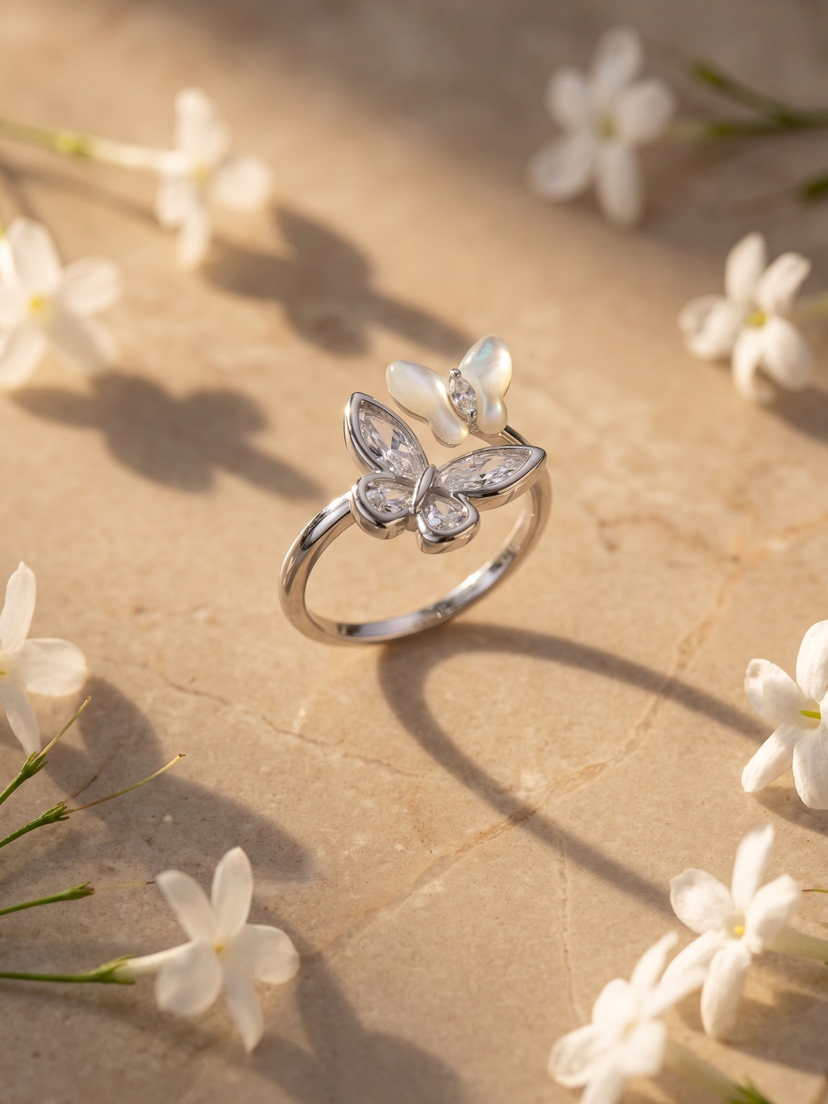 Twin Butterfly CZ Pearl Silver Open Adjustable Ring