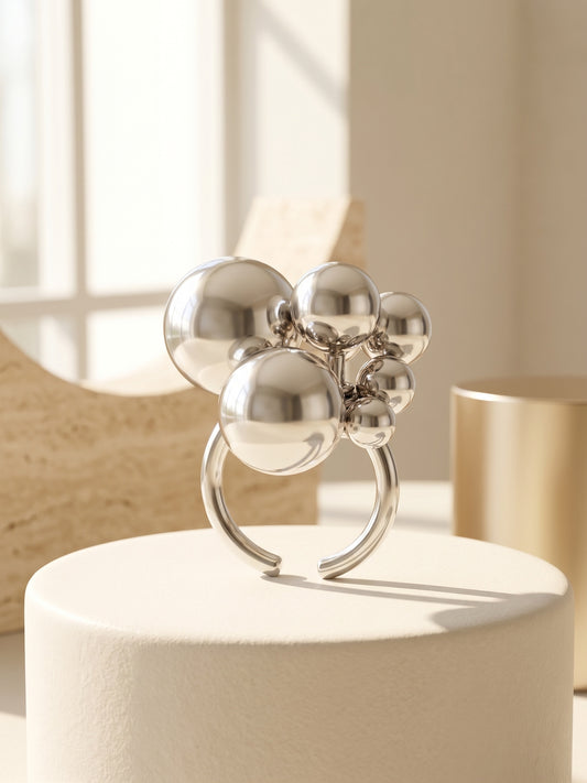 Sculptural Multi Sphere Cluster Silver Adjustable Ring