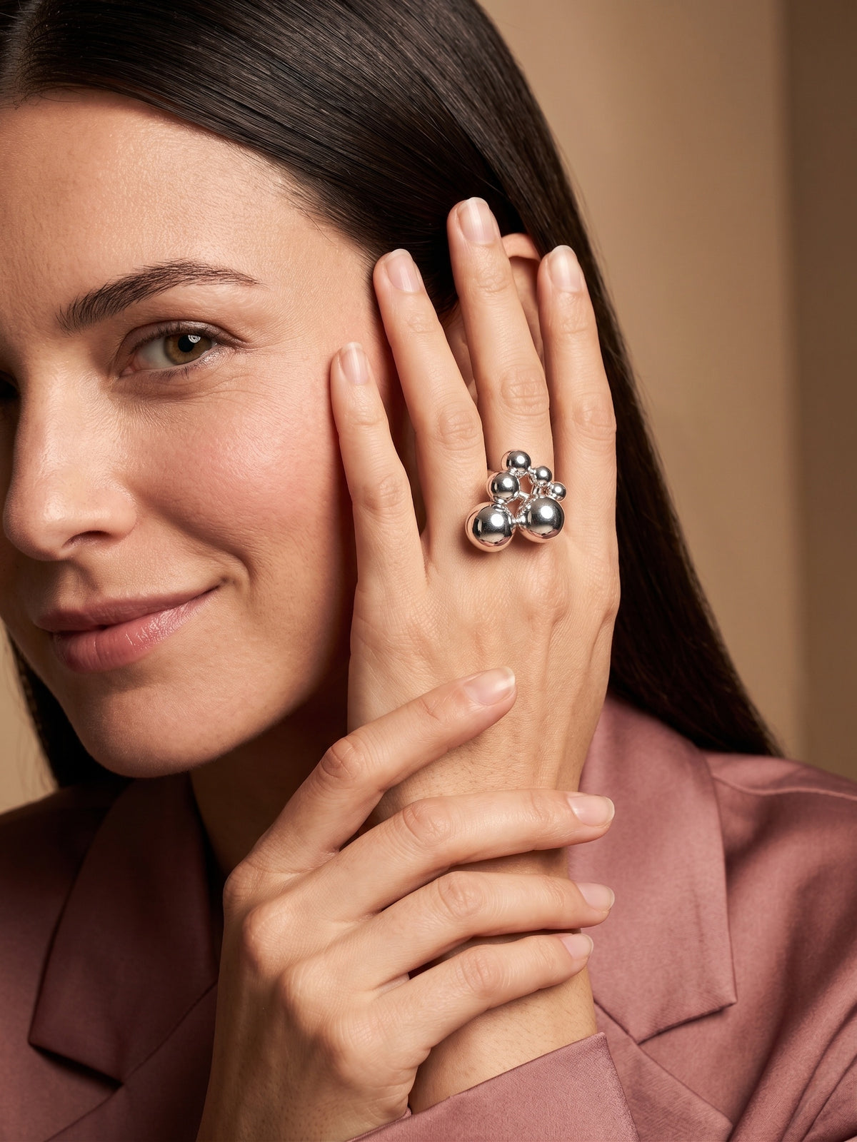 Sculptural Multi Sphere Cluster Silver Adjustable Ring