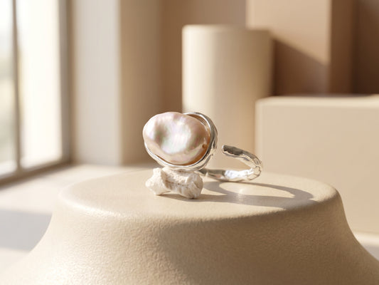 Organic Irregular Baroque Pearl Silver Adjustable Ring