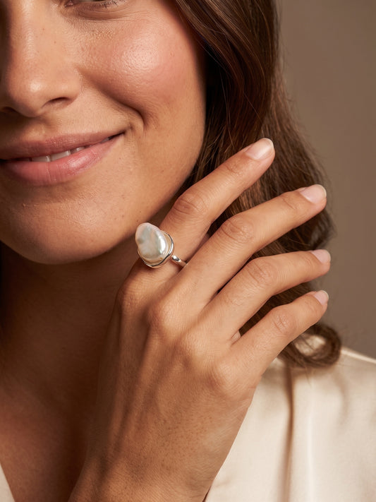 Organic Irregular Baroque Pearl Silver Adjustable Ring