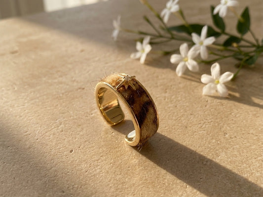 Leopard Print Fur Gold Band Star Zircon Adjustable Ring