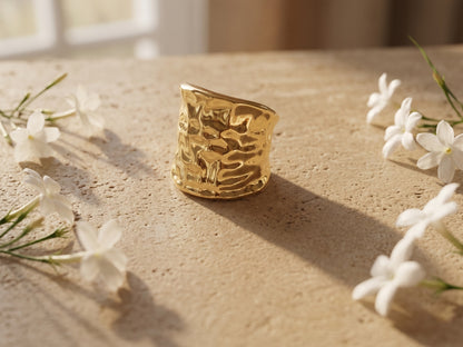 Hammered 18kt Gold Plated Foil-like Open Band Statement Adjustable Ring